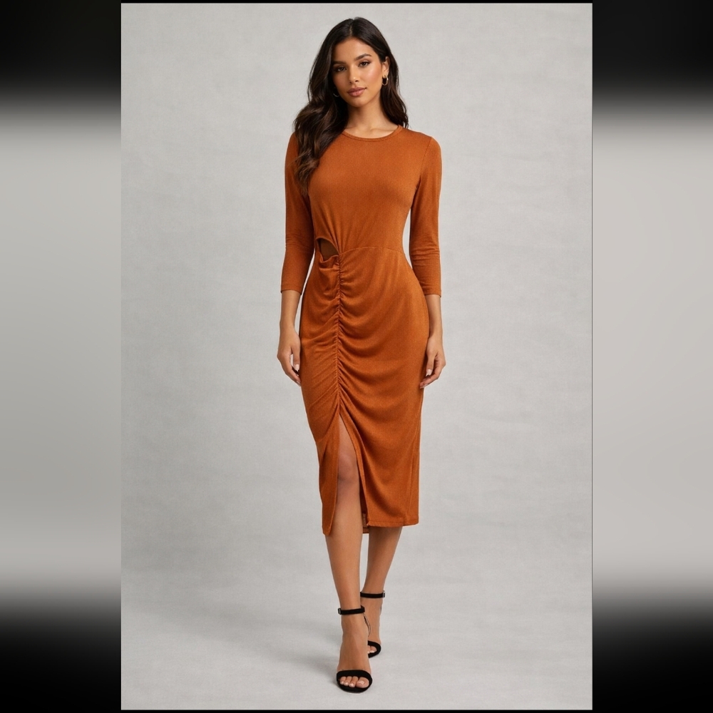 Walter Baker Rust Orange Ruched Midi Dress with‎ Side Cutout